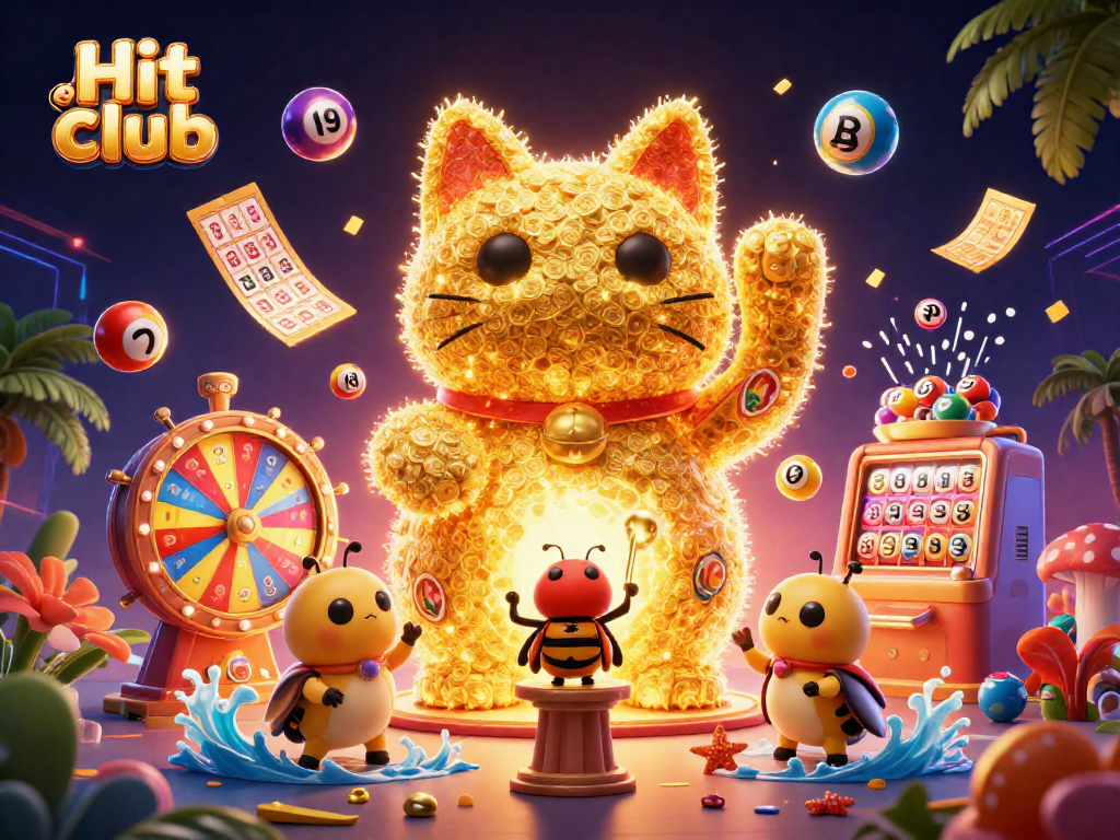 Engage with Hit club illustrations featuring vibrant casino symbols, golden tickets, and lucky cat elements.
