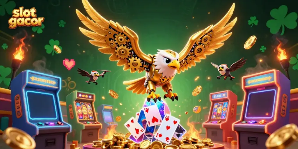 Menangkan jackpot di slot gacor dengan ilustrasi 3D yang memukau, menampilkan simbol pemenang dan kartu holografik.