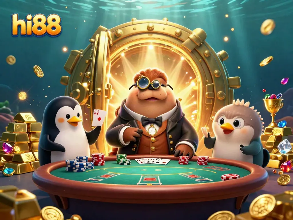 hi88 poker scene with a walrus, dealer penguin, and pufferfish in a dynamic underwater casino setting