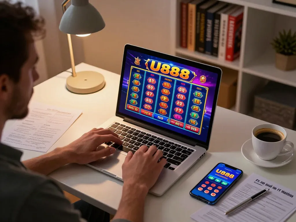 Engaging online casino scene with U888 slots displayed on a laptop and coffee nearby.