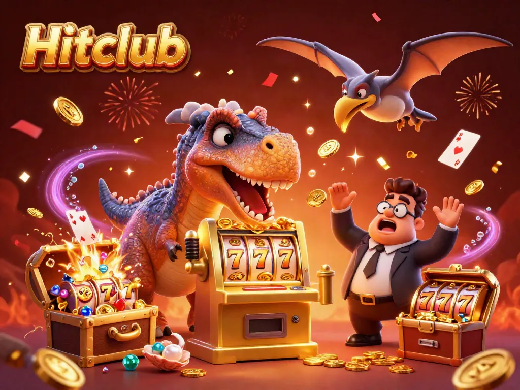 Hitclub showcases a whimsical scene of a pachycephalosaurus jackpot celebration at a vibrant casino.
