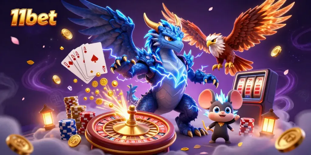 Experience thrilling wins at 11bet, featuring vibrant characters and dynamic casino elements in action.