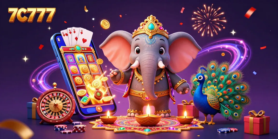 Experience the excitement of 7C777 with vibrant slot games and festive casino symbols.