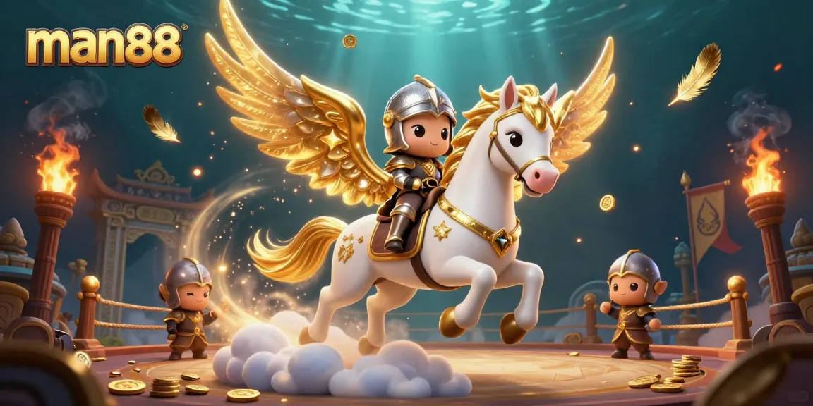 Experience wins with man88 as a celestial horse and knight gallop through a vibrant casino scene.