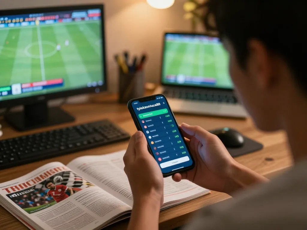 Intense analysis by a bettor using tylekeonhacai88 for live soccer odds on smartphone.