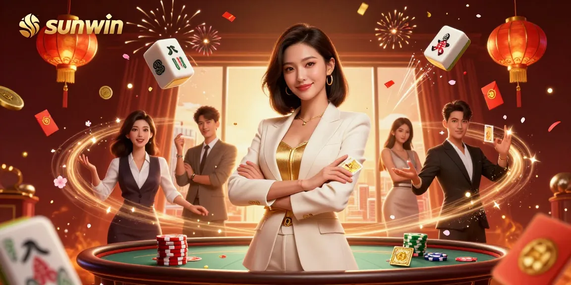 Experience thrilling gameplay at sunwin with a professional Asian woman wielding a golden deck of cards.