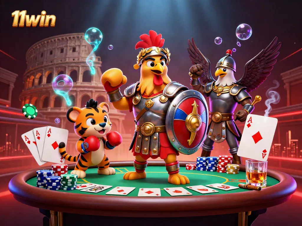 Engage in thrilling poker action at 11win, where a rooster gladiator faces off amidst exciting game elements.