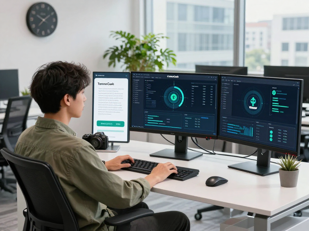 Individual using tornardocash to analyze blockchain data in a modern office.