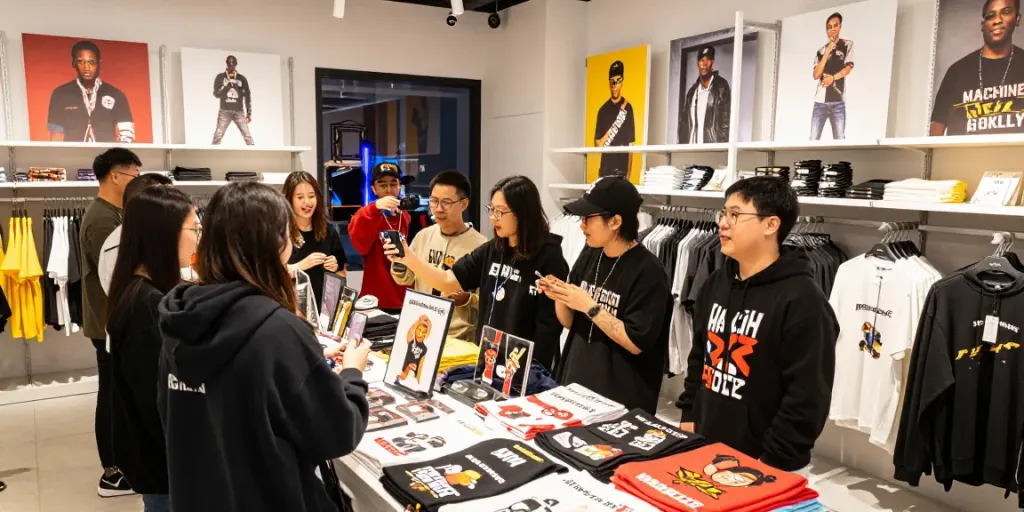 Fans excitedly exploring exclusive rokok88 merchandise in vibrant retail space.