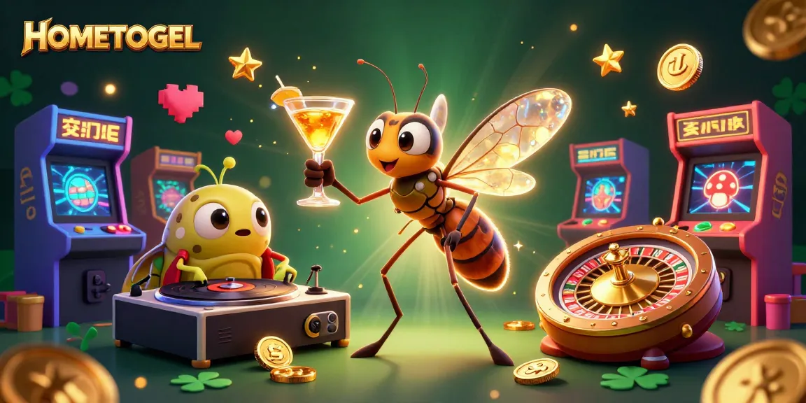 Experience HOMETOGEL with a lively casino scene featuring a mosquito mascot and exciting gaming elements.