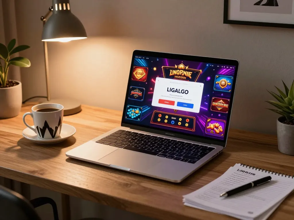 LIGALGO Login on a laptop with vibrant gaming visuals, enhancing online gambling experience.