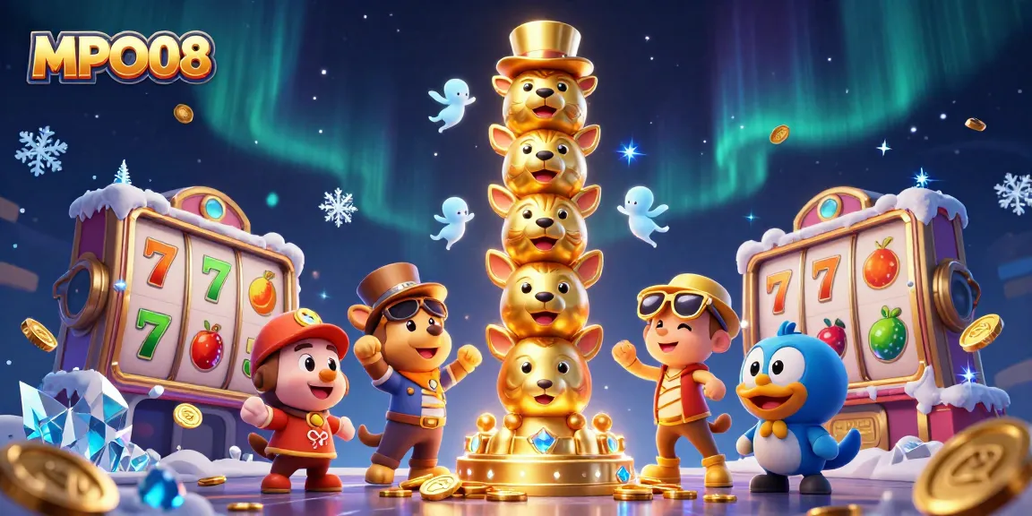 Engage in slots gaming excitement at MPO08 with vibrant slot reels and dynamic totem art.