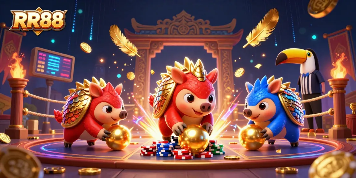 RR88 features rival pangolins in a dynamic casino showdown, rolling through poker chips.