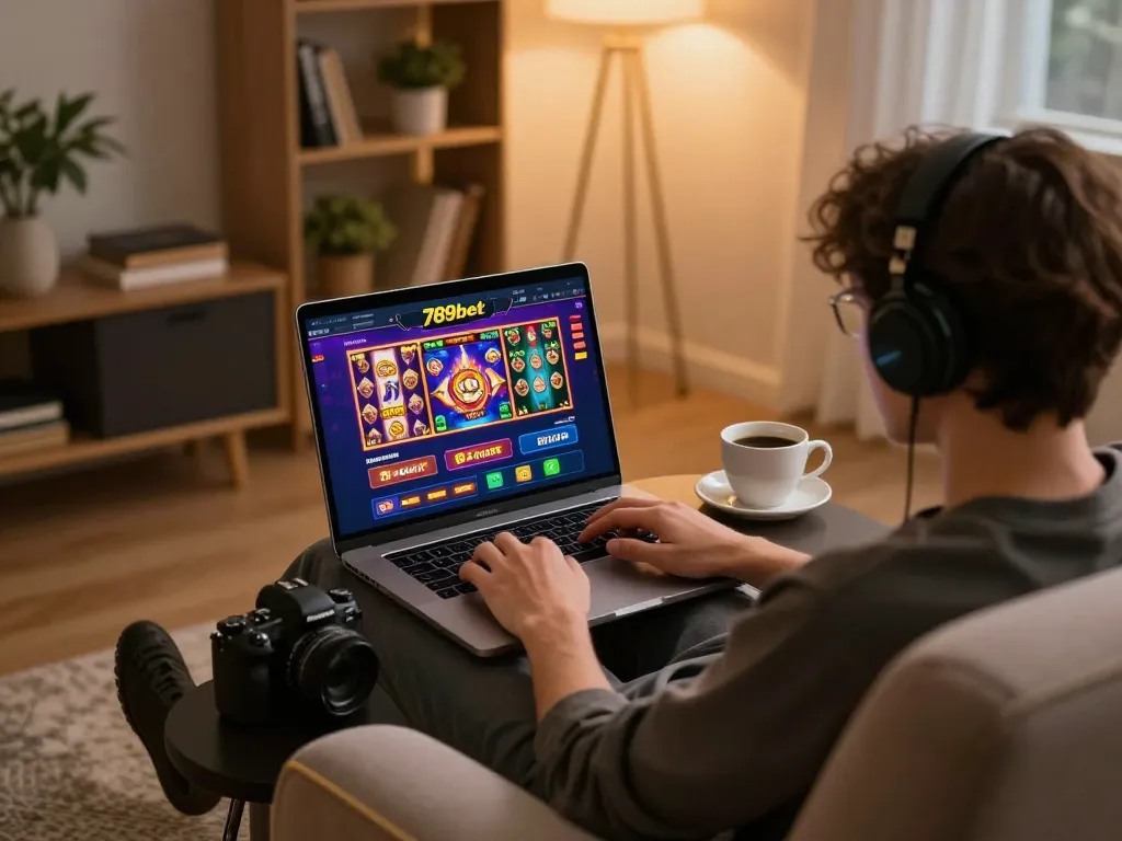 Player engaging in online gaming at 789bet platform with laptop, warm cozy environment.