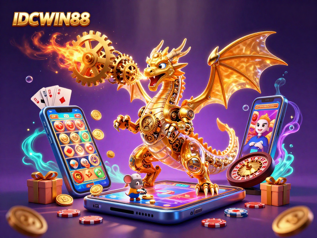 Experience thrilling gameplay at IDCWIN88 with a vibrant 3D casino scene featuring a dragon and gaming elements.