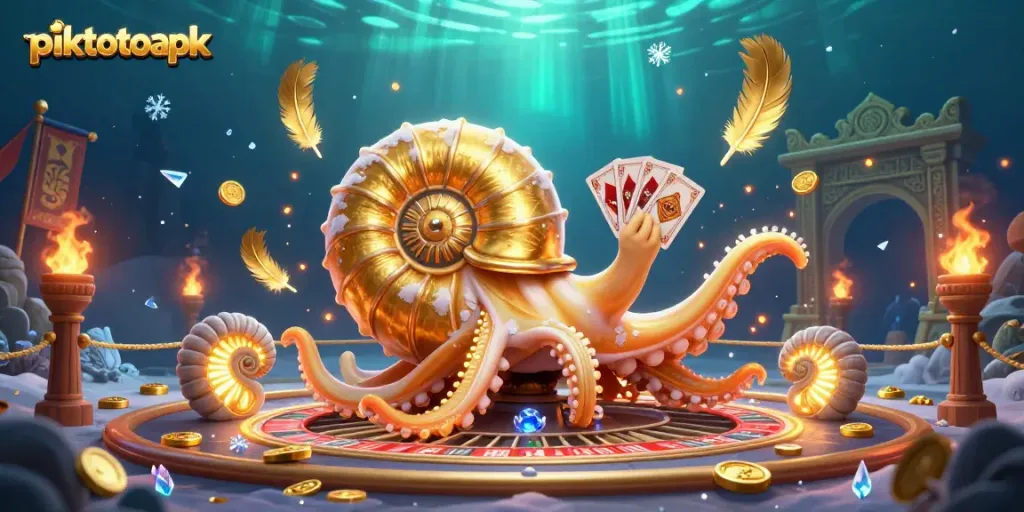 Engage with the exciting world of piktotoapk featuring a giant nautilus and glowing ammonites amidst casino elements.