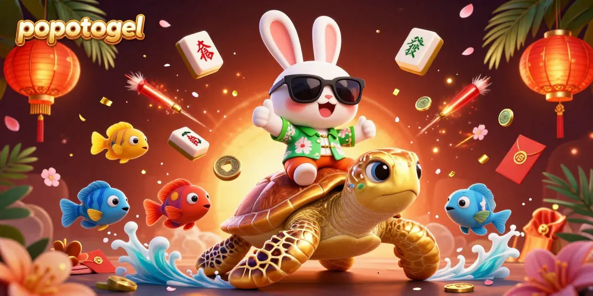 Experience thrilling chances with popotogel, as the lucky rabbit and sea turtle celebrate in a vibrant digital canvas.