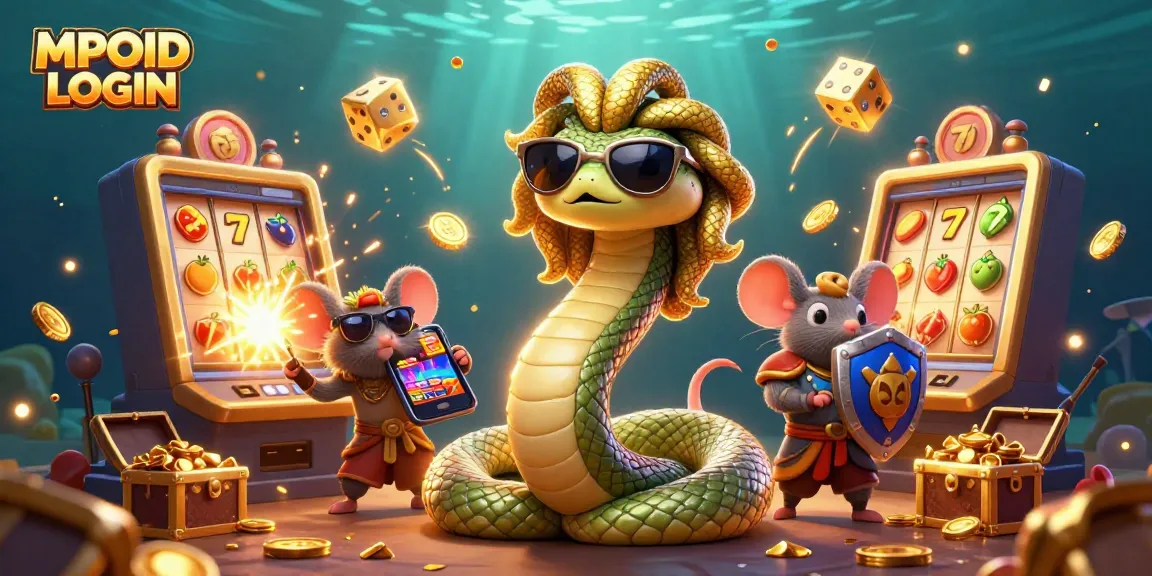 Experience the excitement with MPOID LOGIN in this vibrant casino scene featuring a Medusa snake lady and a warrior mouse.