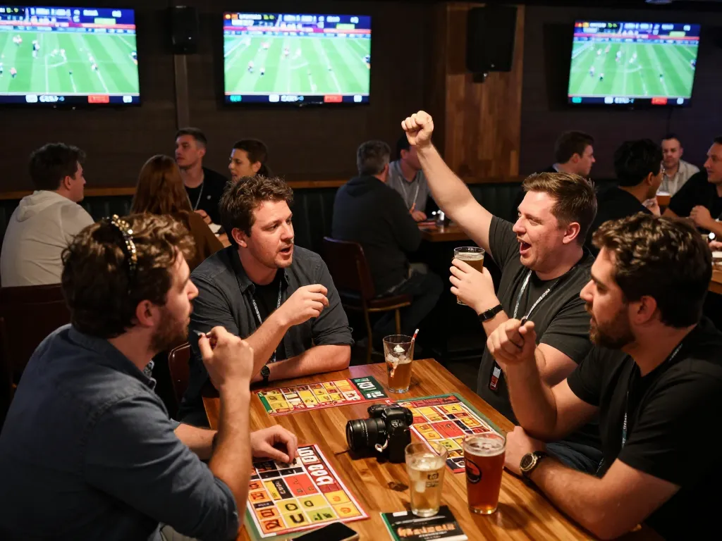 LGO GOAL betting enthusiasts engaging in a lively atmosphere at a sports bar.
