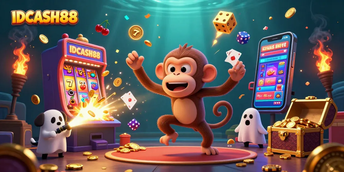 Engage with IDCASH88's vibrant online casino adventure featuring dynamic gaming elements and curious characters.