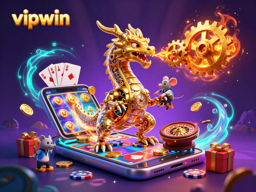 Experience thrilling wins at vipwin with a dynamic 3D dragon, golden coins, and engaging slots.