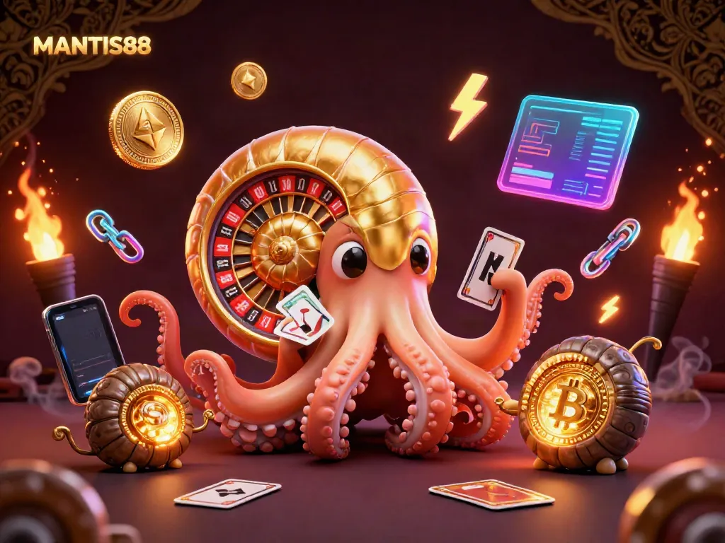 Experience MANTIS88 with vibrant 3D illustrations showcasing a nautilus roulette wheel and glowing crypto coins.