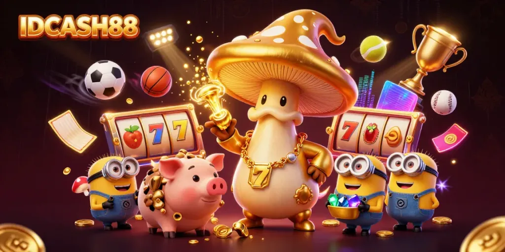 Experience IDCASH88 with a magical golden mushroom wizard amidst thrilling slot adventures.