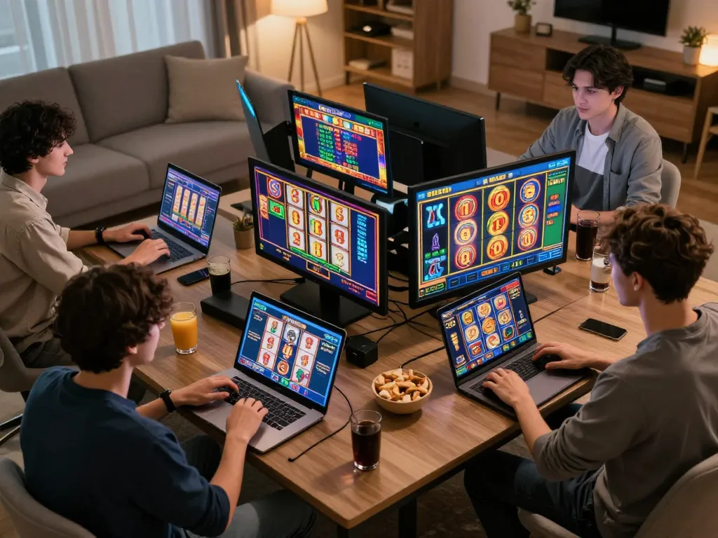 LIGALGO Slot players enjoying a vibrant online gaming experience in a cozy home setting.