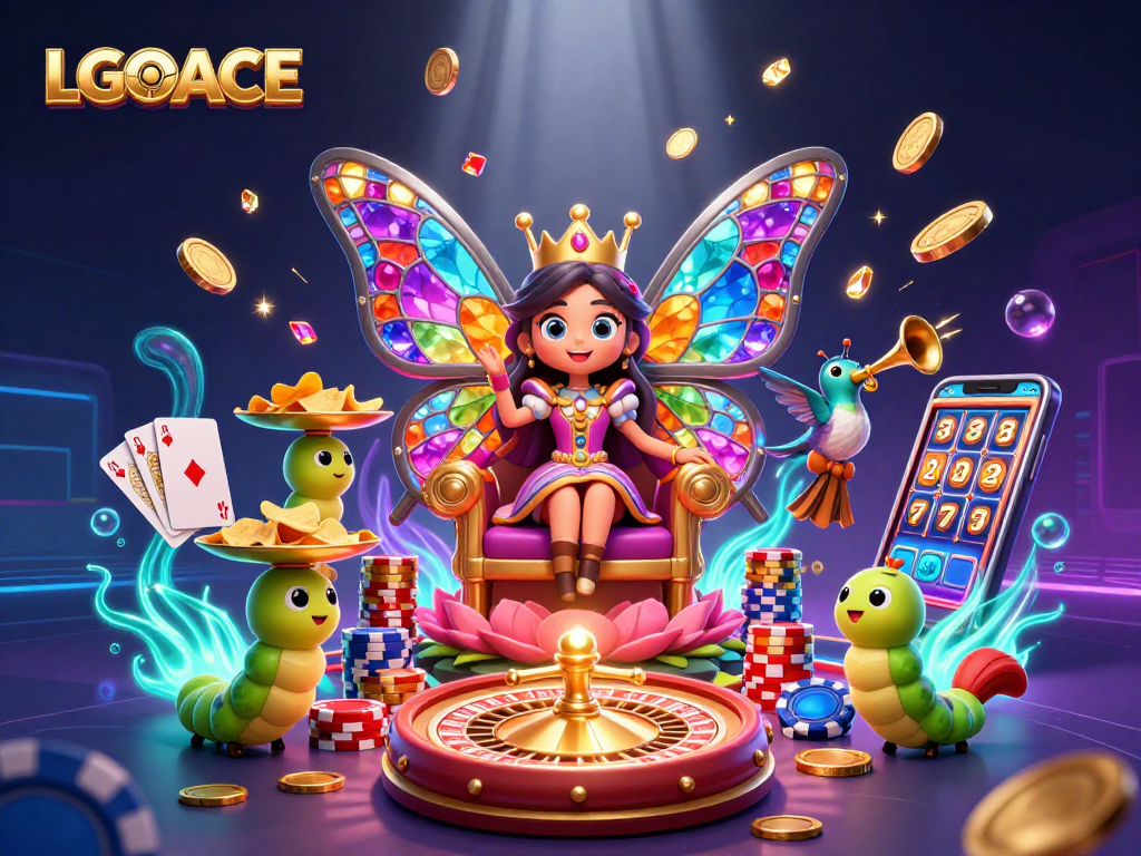 LGOACE gaming experience illustrated with a vibrant casino scene featuring a butterfly queen and golden chips.