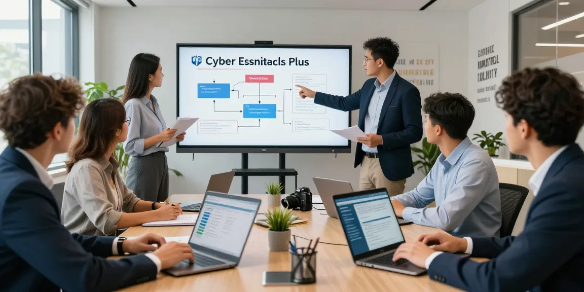 Business team discussing Cyber Essentials Plus certification in a modern office setting, showcasing collaboration and technology.