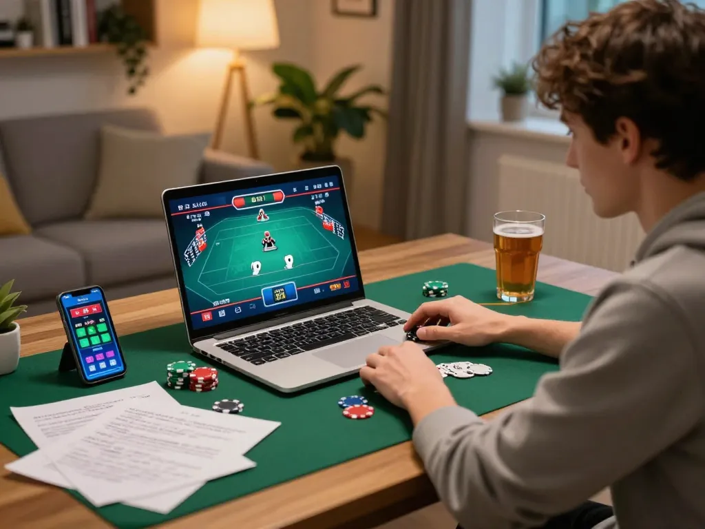 Situs MPOID user enjoying a live poker game on a laptop amid strategic notes in a cozy home setting.