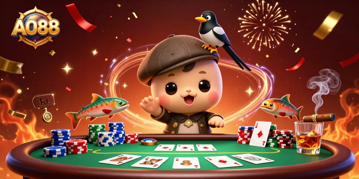 Experience the thrill of AO88 gaming with a playful Nessie and vibrant casino elements.