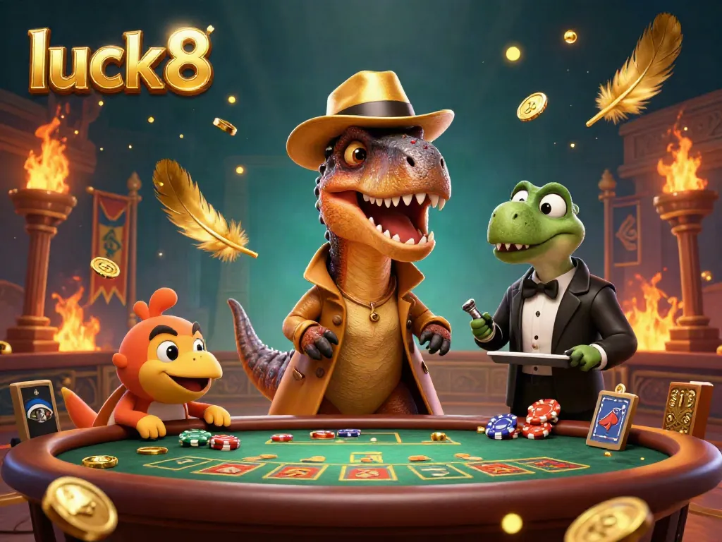 Experience the thrill of luck8 with a cartoon velociraptor card counter and casino elements.