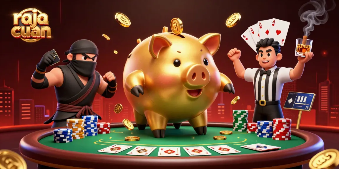 Engage with raja cuan in a vibrant 3D casino scene featuring a piggy bank sumo wrestler.