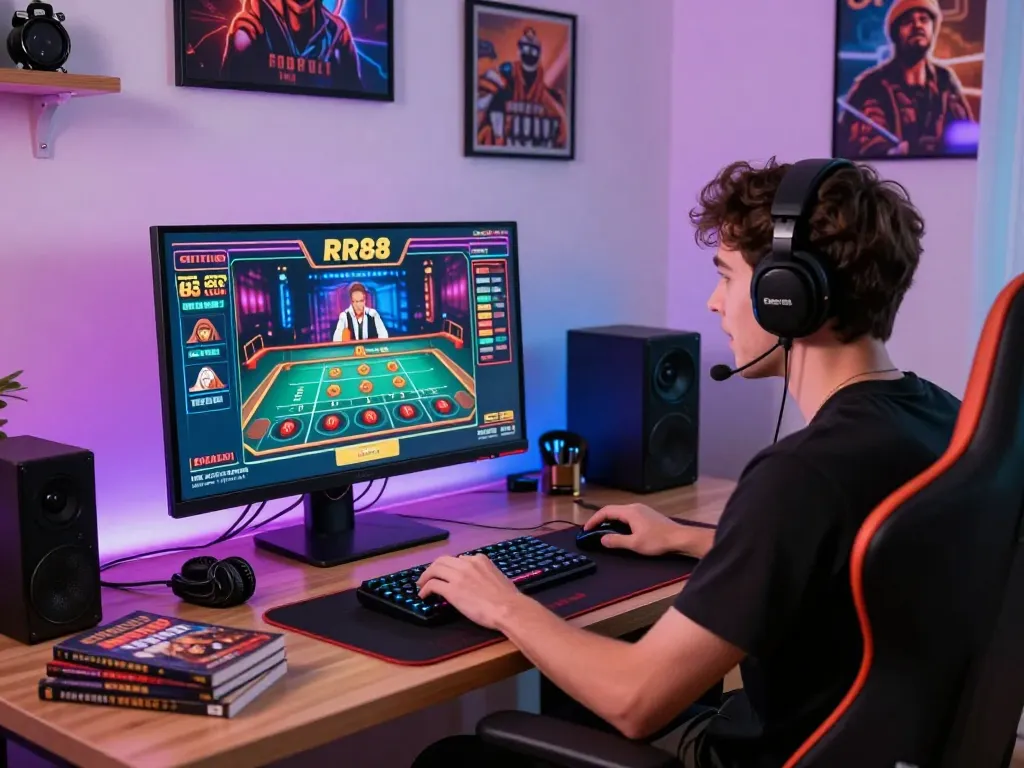 Engaged player in stylish gaming setup enjoying RR88 online betting experience with dynamic lighting and gaming gear.