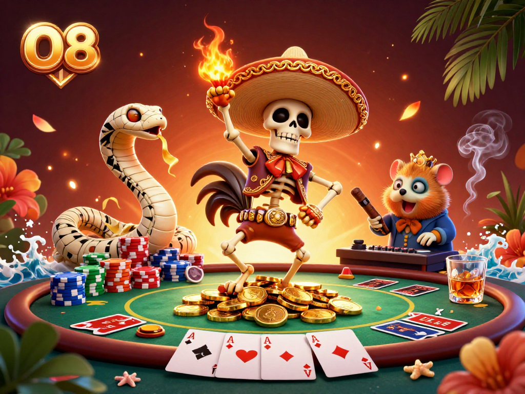 Experience O8's lively casino atmosphere with a vibrant skeleton mariachi rooster and thrilling poker elements.