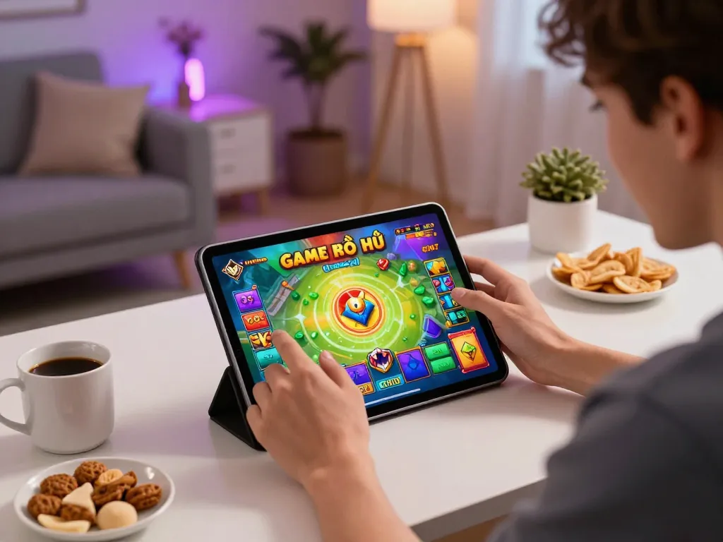Engaging player enjoying Game bài nổ hũ on tablet with vibrant graphics, cozy home setup.
