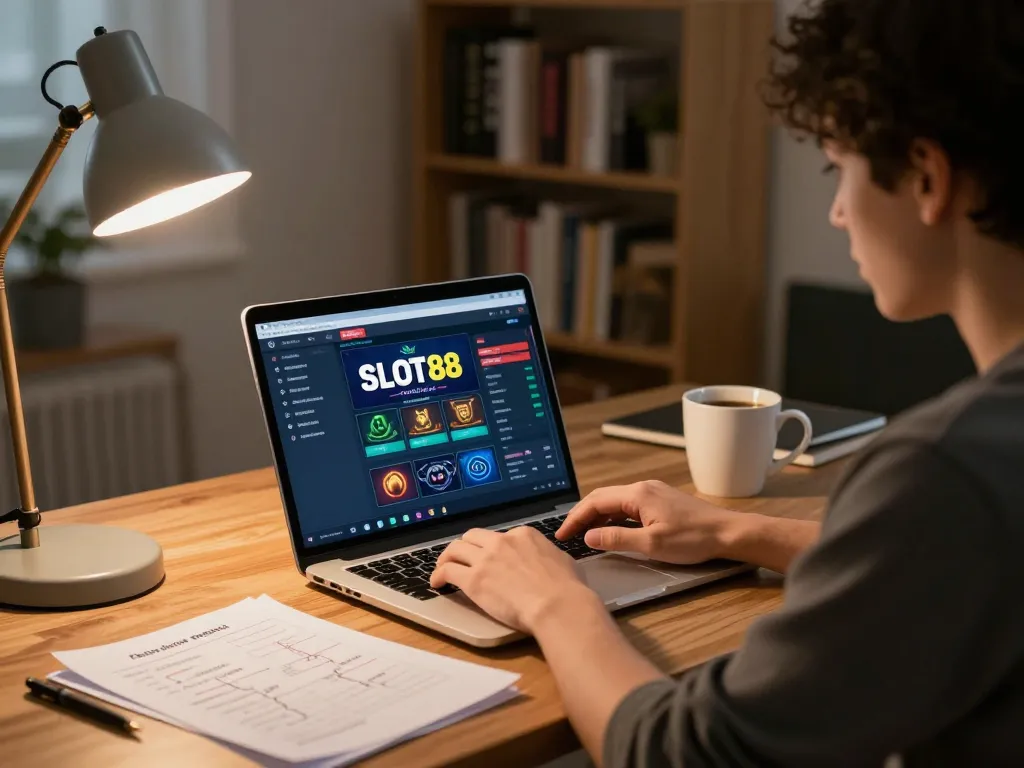 SLOT88 online gaming session with player using laptop and analyzing strategies at home