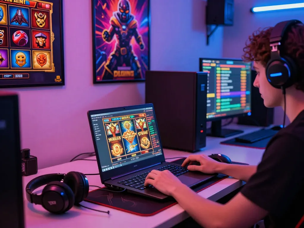 Engaging gaming scene featuring a player at vegasslot77.com with neon lights and gaming accessories.