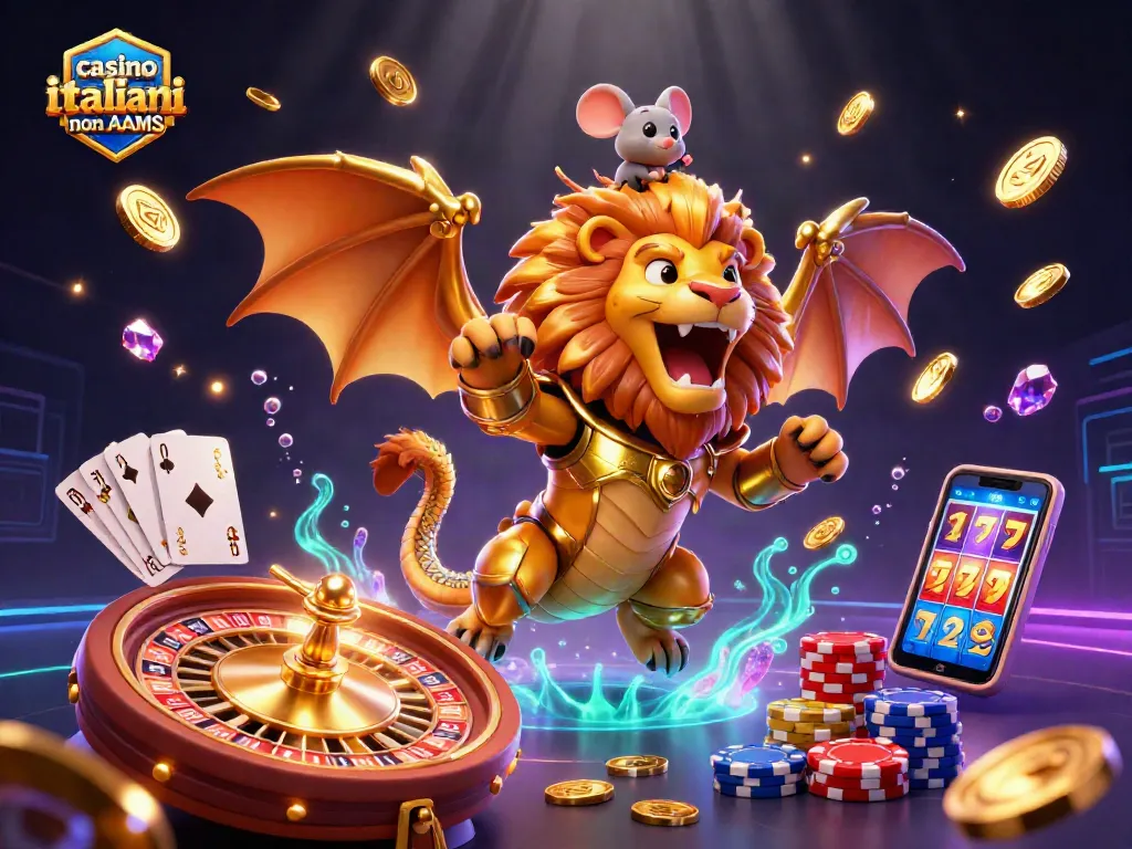 Immagine 3D di un casino italiani non AAMS, con creature fantastiche, oro e giochi da tavolo