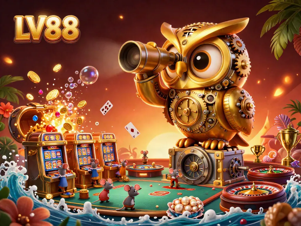 Engage with LV88's vibrant casino atmosphere featuring a clockwork owl and charming mice among lively gaming elements.
