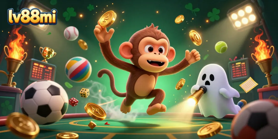 Engage in thrilling games with LV88mi, featuring a whimsical monkey and puppy in an energetic casino scene.