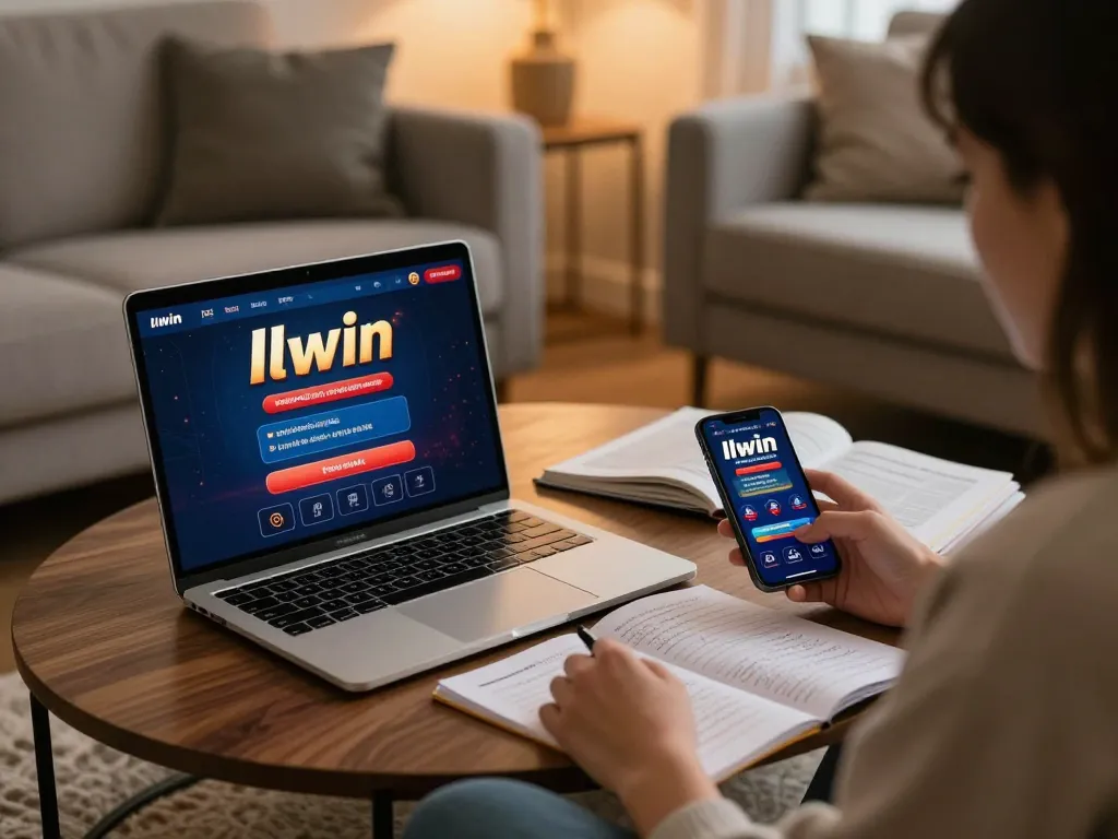 Engaging with llwin interface during an online casino session at home, showing strategic planning and comfortable environment.