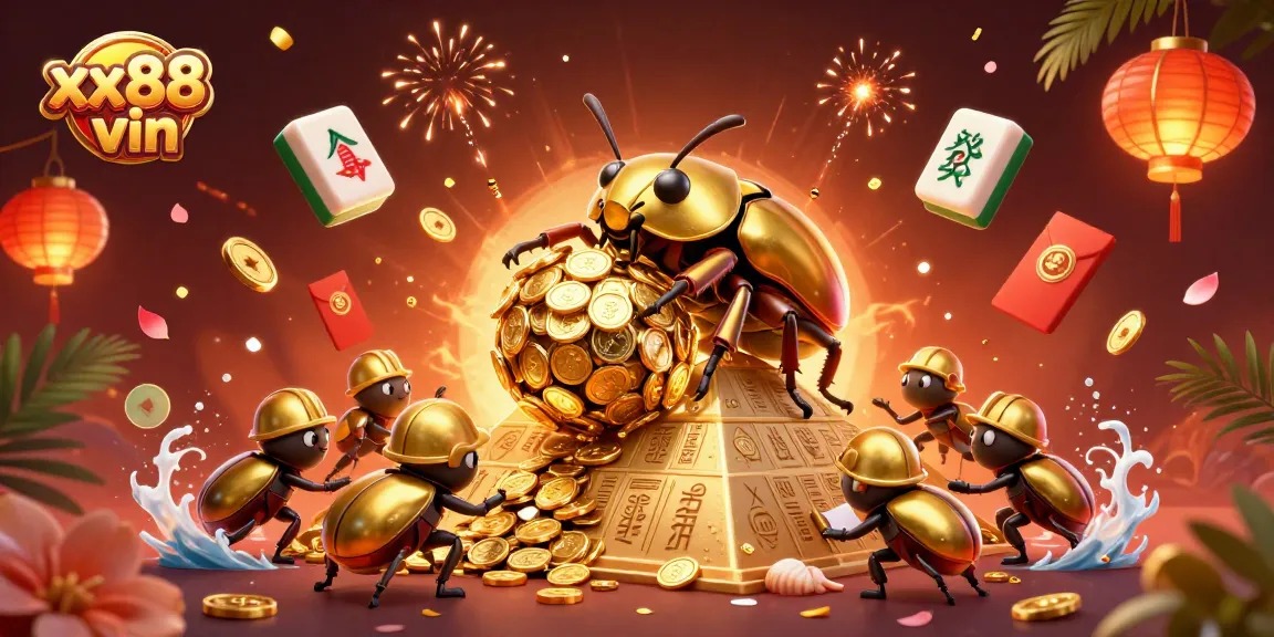 Experience winning strategies at xx88 vin with vibrant casino-themed 3D golden beetle illustration.