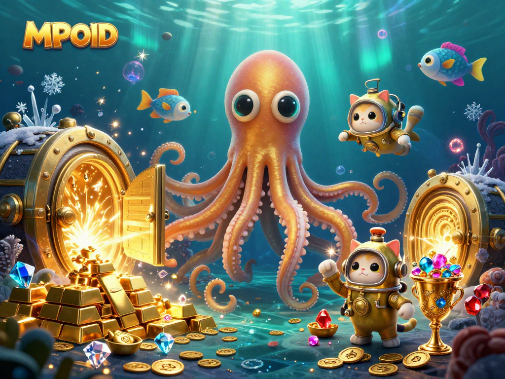 Join the action at MPOID with a colossal kraken and diving cat among golden treasures and gems.