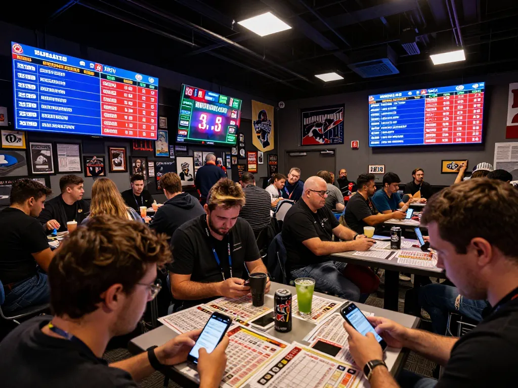 Excited bettors engaging with keonhacaii88 sports odds at a vibrant live betting event