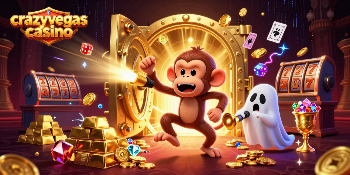 Experience the thrilling crazyvegas casino with a playful poltergeist monkey and a ghost-hunter puppy in a vibrant, energetic scene.