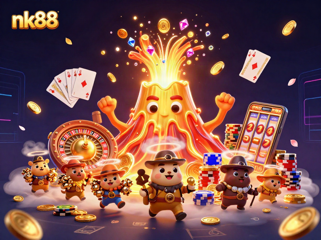 Win treasures like nk88 with an erupting volcano of coins and lively explorers in this dynamic casino scene.