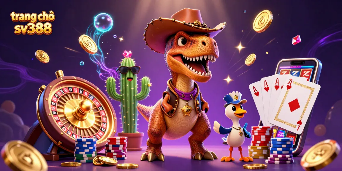 Win big with trang chủ sv388 in this lively casino-themed illustration featuring vibrant characters and game elements.