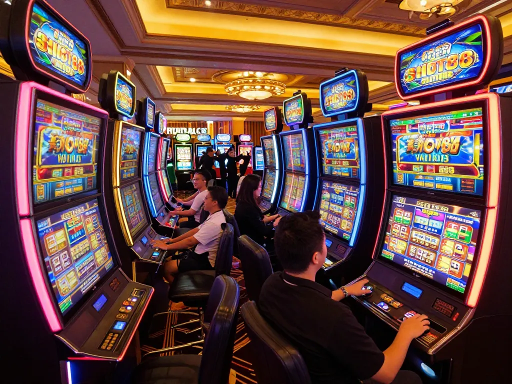 Agen Slot88 players spinning colorful slot machines in an engaging casino atmosphere